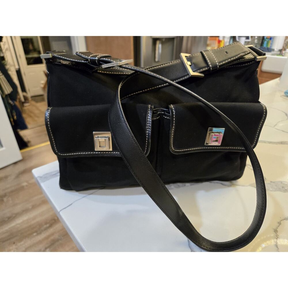 RARE Sample Black Cole Haan nylon shoulder bag W/ Leather Trim And Strap